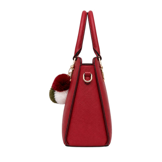 Rialy Red Leather Handbag With Pom Charm Detail