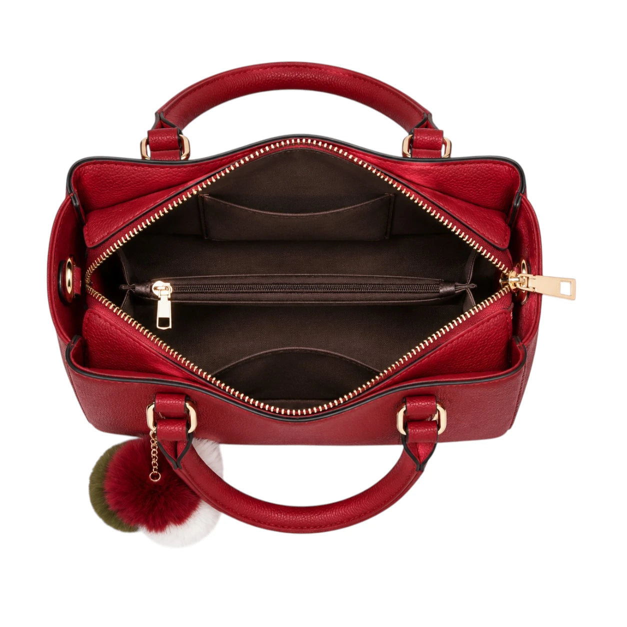 Rialy Red Leather Handbag With Pom Charm Detail