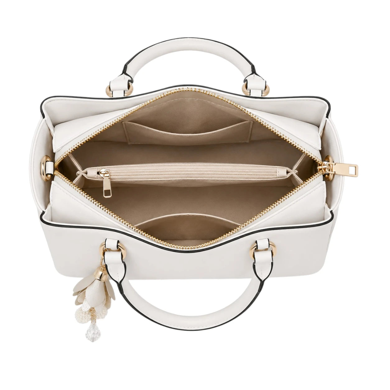 Rialy White Leather Handbag With Organized Interior Space