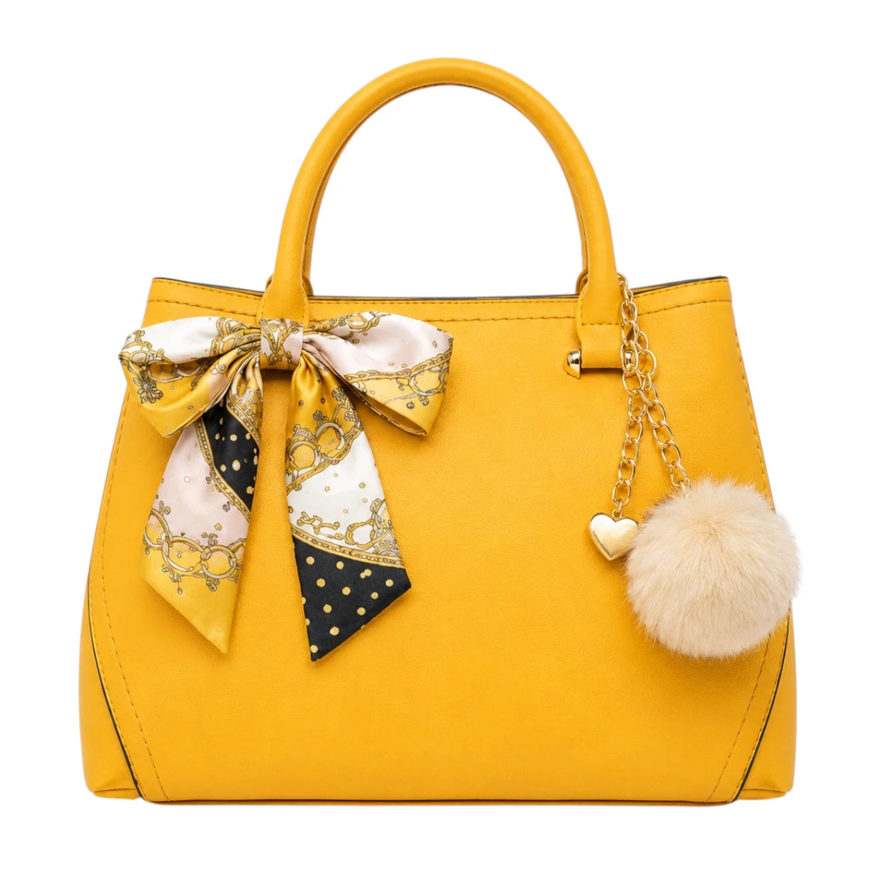 Rialy Yellow Leather Handbag With Printed Ribbon Accent
