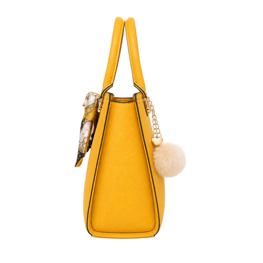 Rialy Yellow Leather Handbag With Printed Ribbon Accent