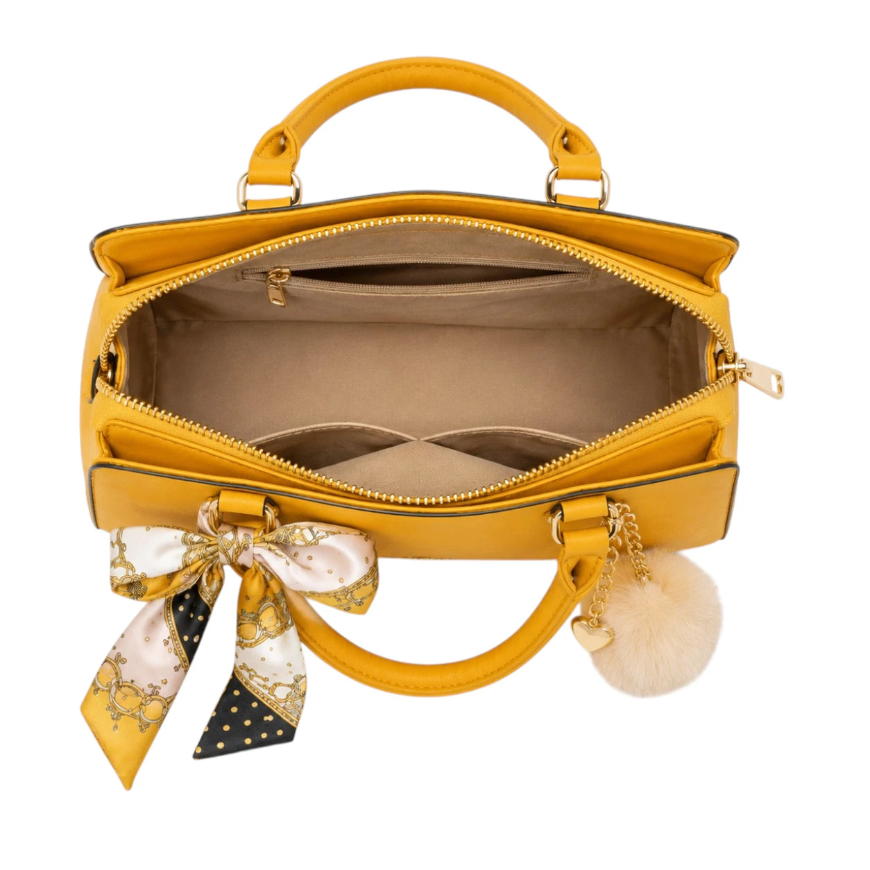 Rialy Yellow Leather Handbag With Printed Ribbon Accent